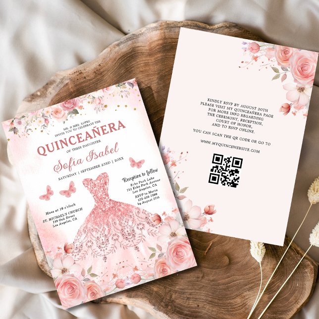 Quinceañera QR Code Rosa Rose Blüte Einladung (Von Creator hochgeladen)