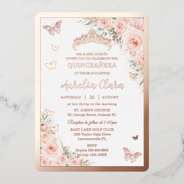 Quinceañera Quince Sweet 16 Blush Rose Gold Folieneinladung (Vorderseite)