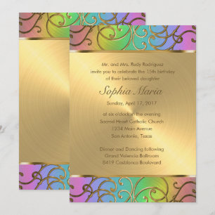 Quinceanera Rainbow and Gold Filigree Wirbel Einladung
