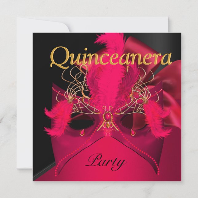 Quinceanera Red Black Gold Maskerin Einladung (Vorderseite)