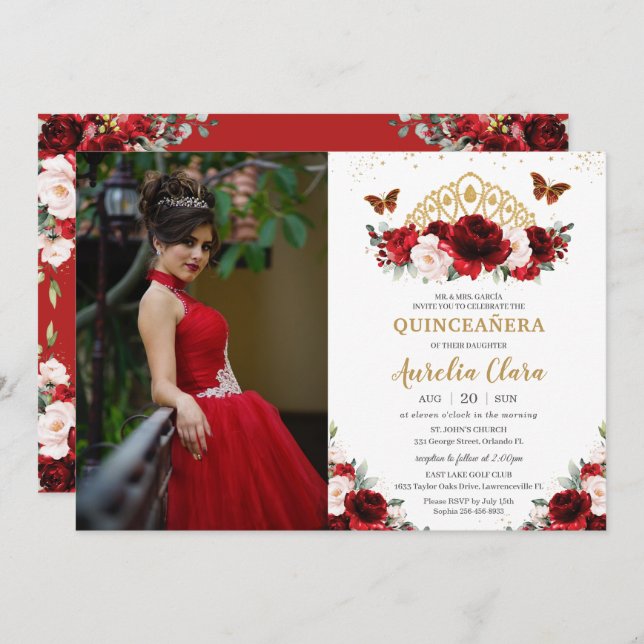 Quinceañera Red Blush Floral Butterfells Krone Einladung (Vorne/Hinten)