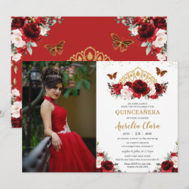 Quinceañera Red Blush Floral Butterfells Krone Einladung