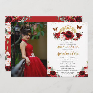 Quinceañera Red Blush Floral Butterfells Krone Einladung