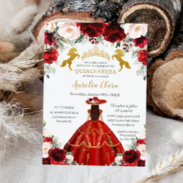 Quinceañera Red Blush Floral Charro Gold Pferde Einladung
