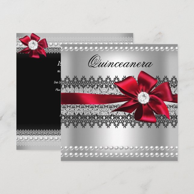 Quinceanera Red Bow Black Pearl Lace Diamond Einladung (Vorne/Hinten)