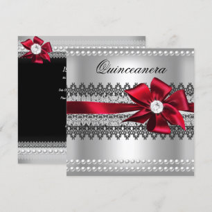 Quinceanera Red Bow Black Pearl Lace Diamond Einladung