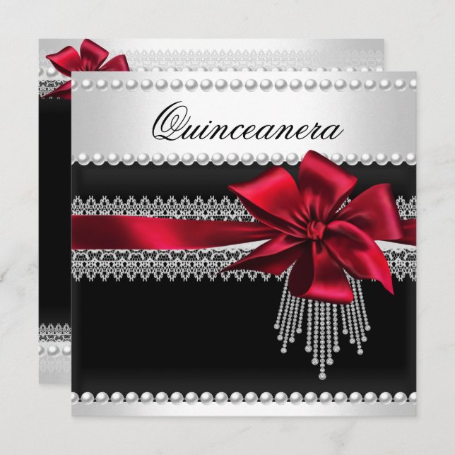 Quinceanera Red Bow Black Pearl Lace Diamond Einladung (Vorne/Hinten)