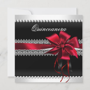 Quinceanera Red Bow Black Pearl Lace Diamond Einladung