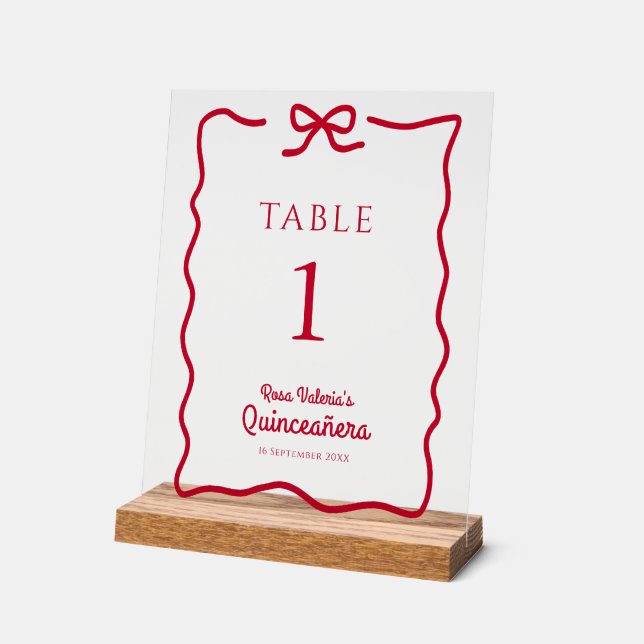 Quinceañera Red Bow Tischnummern personalisiert Acrylschild (Winkel)