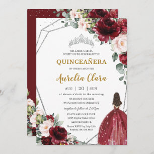 Quinceañera Red Burgundy Blush Floral Silver Tiara Einladung