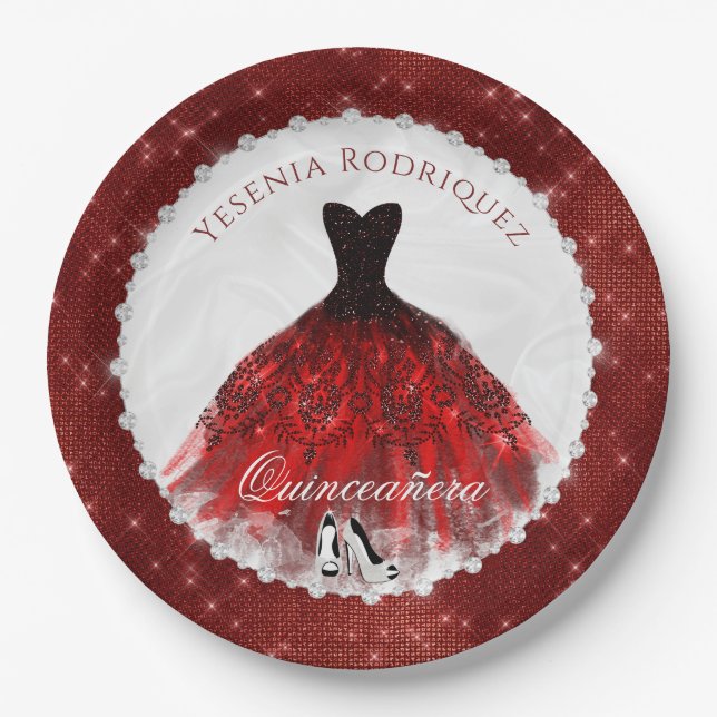 Quinceañera Red Diamond Sparkle Glam Pappteller (Vorderseite)