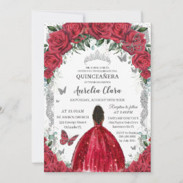 Quinceañera Red Dress Rose Bloral Vintag Silber Einladung