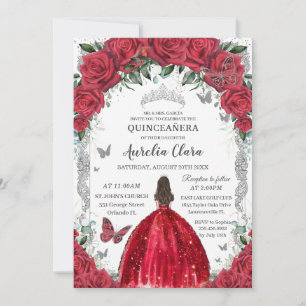 Quinceañera Red Dress Rose Bloral Vintag Silber Einladung