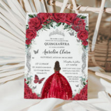 Quinceañera Red Dress Rose Bloral Vintag Silber