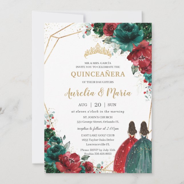 Quinceañera Red Emerald Green Floral Twins Gold Einladung (Vorderseite)