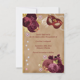 Quinceañera Red English Rose Gold Red Masquerade Save The Date