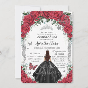 Quinceañera Red Floral Black Dress Vintag Silber Einladung