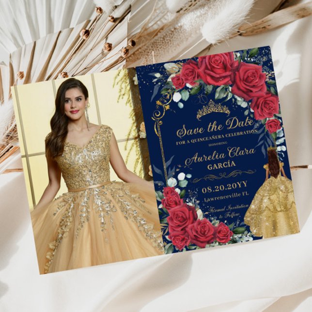 Quinceañera Red Floral Enchanted Rose Navy Foto Save The Date (Von Creator hochgeladen)