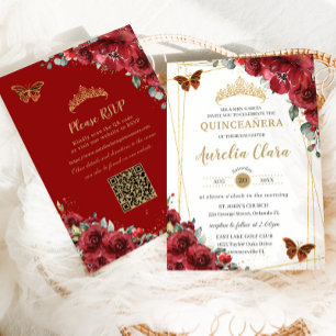 Quinceañera Red Floral Gold Butterfliegen QR UAWG Einladung