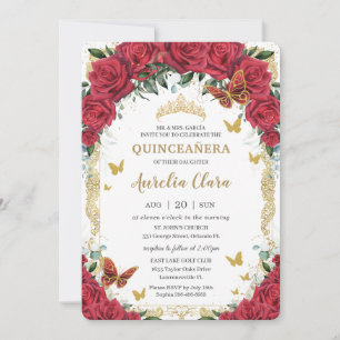 Quinceañera Red Floral Vintag Gold Schmetterlinge Einladung