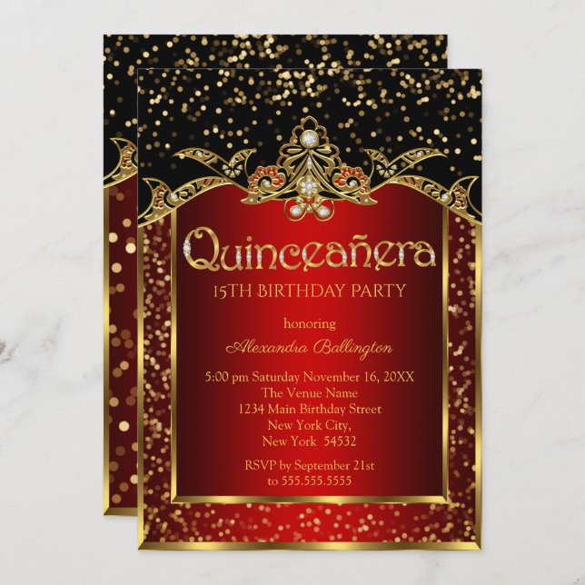 Quinceanera Red Gold Black Birthday Party Einladung (Vorne/Hinten)