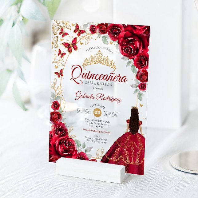 Quinceanera Red Gold Floral Acryleinladungen (Von Creator hochgeladen)