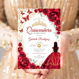 Quinceanera Red Gold Floral Einladung