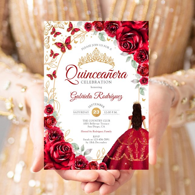 Quinceanera Red Gold Floral Einladung (Von Creator hochgeladen)
