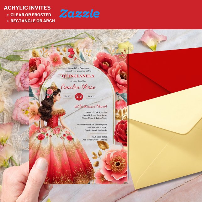 Quinceañera Red Gold Mis Quince Dress Blume Acryleinladungen (Von Creator hochgeladen)