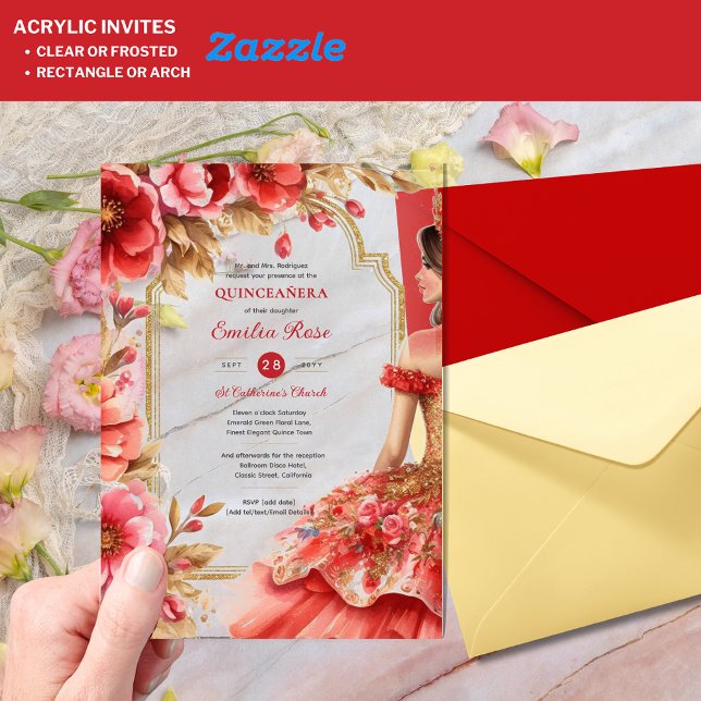 Quinceañera Red Gold Mis Quince Dress Blume Acryleinladungen (Von Creator hochgeladen)