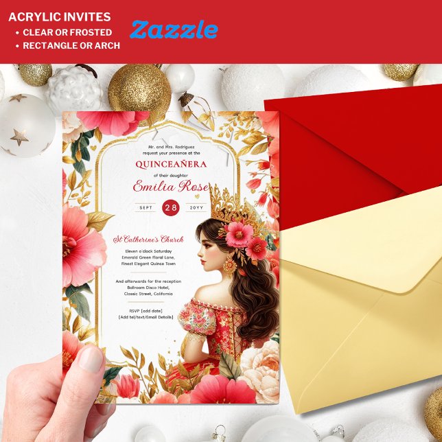 Quinceañera Red Gold Mis Quince Dress Blume Acryleinladungen (Von Creator hochgeladen)