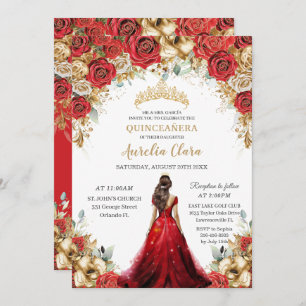 Quinceañera Red Gold Rose Blumendruckkleid Einladung