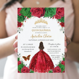 Quinceañera Red Green Rose Blumenprinzessin Gold Einladung