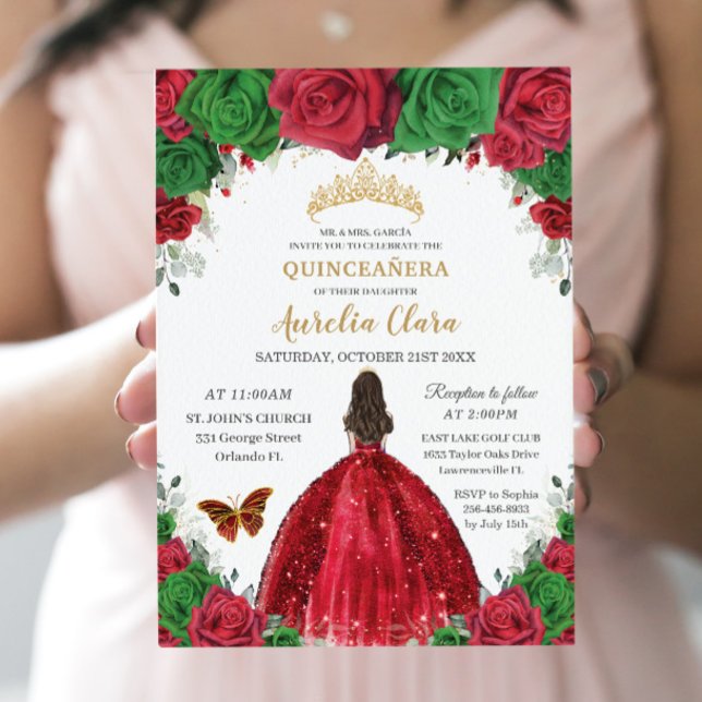 Quinceañera Red Green Rose Blumenprinzessin Gold Einladung (Von Creator hochgeladen)