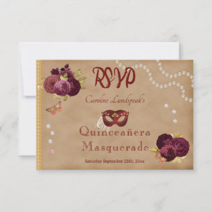 Quinceañera Red Masquerade Burgundi Englische Rose RSVP Karte