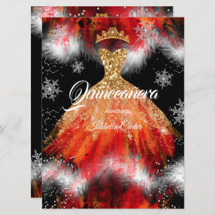 Quinceanera Red Orange Ice Schneeflocke Feuerkleid Einladung
