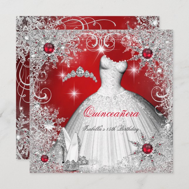 Quinceanera Red Pearl Silver Winter Schneeflocken Einladung (Vorne/Hinten)