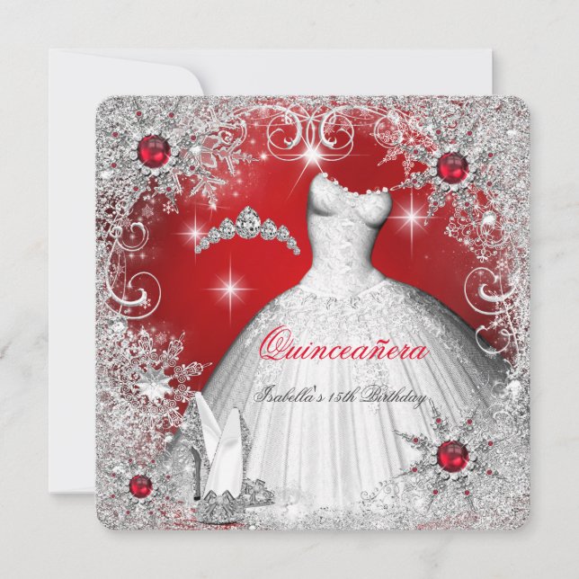 Quinceanera Red Pearl Silver Winter Schneeflocken Einladung (Vorderseite)