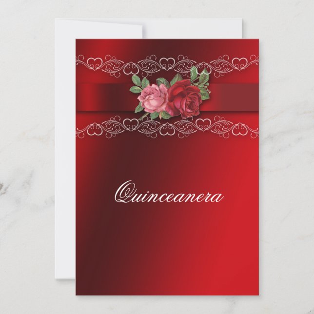 Quinceanera Red Pink Roses Red Satin Einladung (Vorderseite)