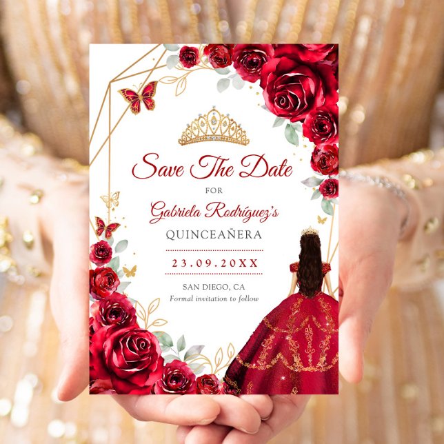 Quinceanera Red Roses Dress Gold Save The Date (Von Creator hochgeladen)