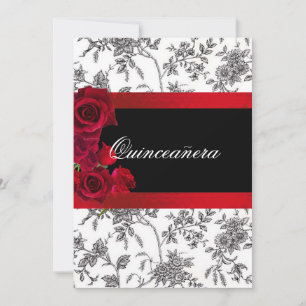 Quinceanera Red Satin Rose Schwarz-weiß Toile Einladung