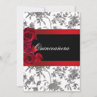 Quinceanera Red Satin Rose Schwarz-weiß Toile Einladung