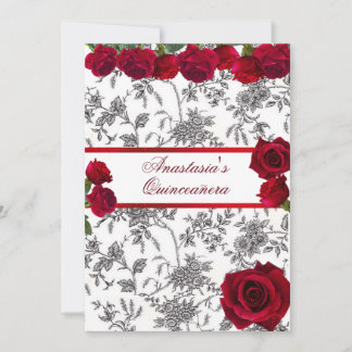Quinceanera Red Satin Rote Rosen Schwarz-weiß Toil Einladung