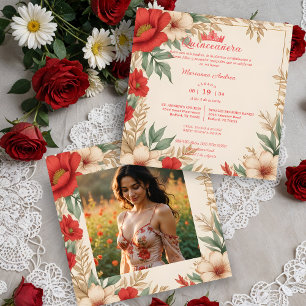 Quinceañera Red Shades Sweet Floral Spanisches Fot Einladung