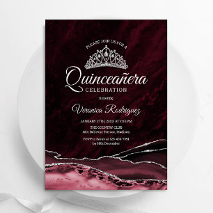 Quinceanera Red Silver Agate Marble Einladung