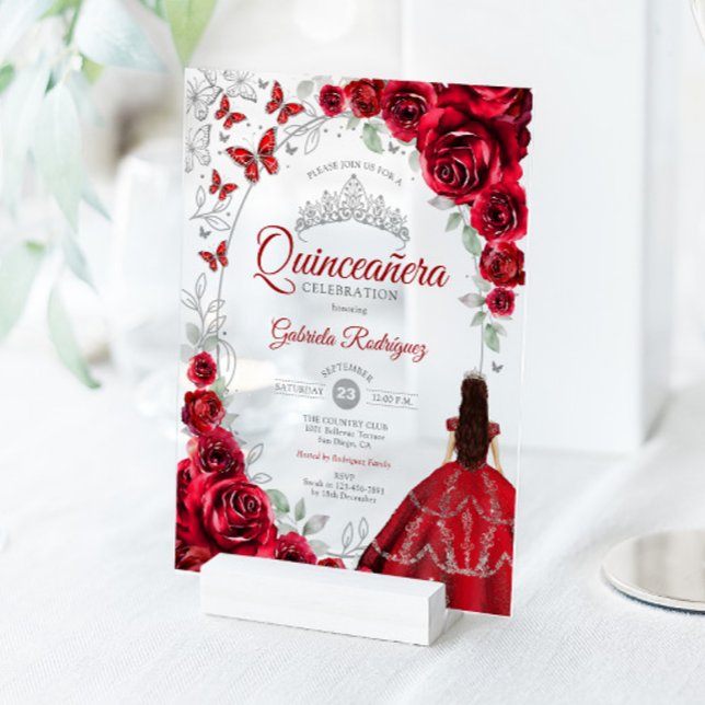 Quinceanera Red Silver Floral Acryleinladungen (Von Creator hochgeladen)