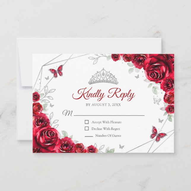 Quinceanera Red Silver Floral Reply RSVP Karte (Vorderseite)