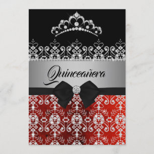 Quinceanera Red Silver Sparkle Diamond Tiara Bow Einladung
