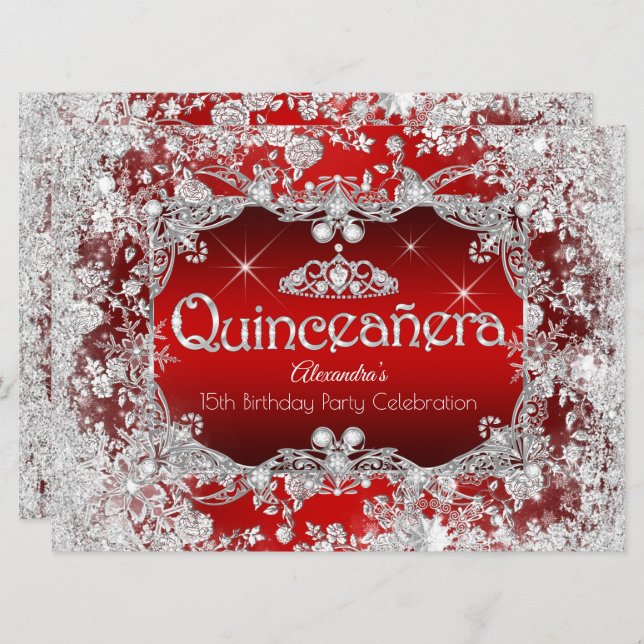 Quinceanera Red Silver Tiara Winter Wonderland Einladung (Vorne/Hinten)