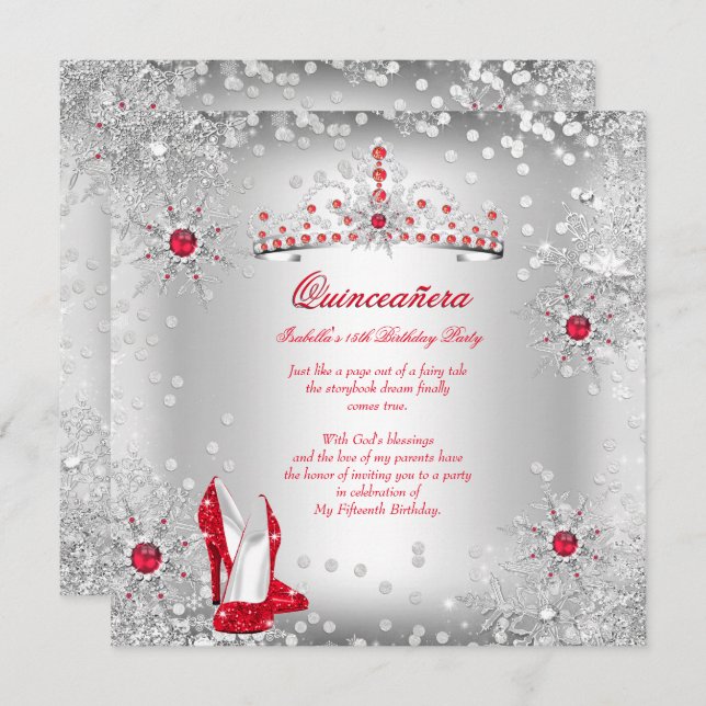 Quinceanera Red Silver Winter Wonderland Einladung (Vorne/Hinten)